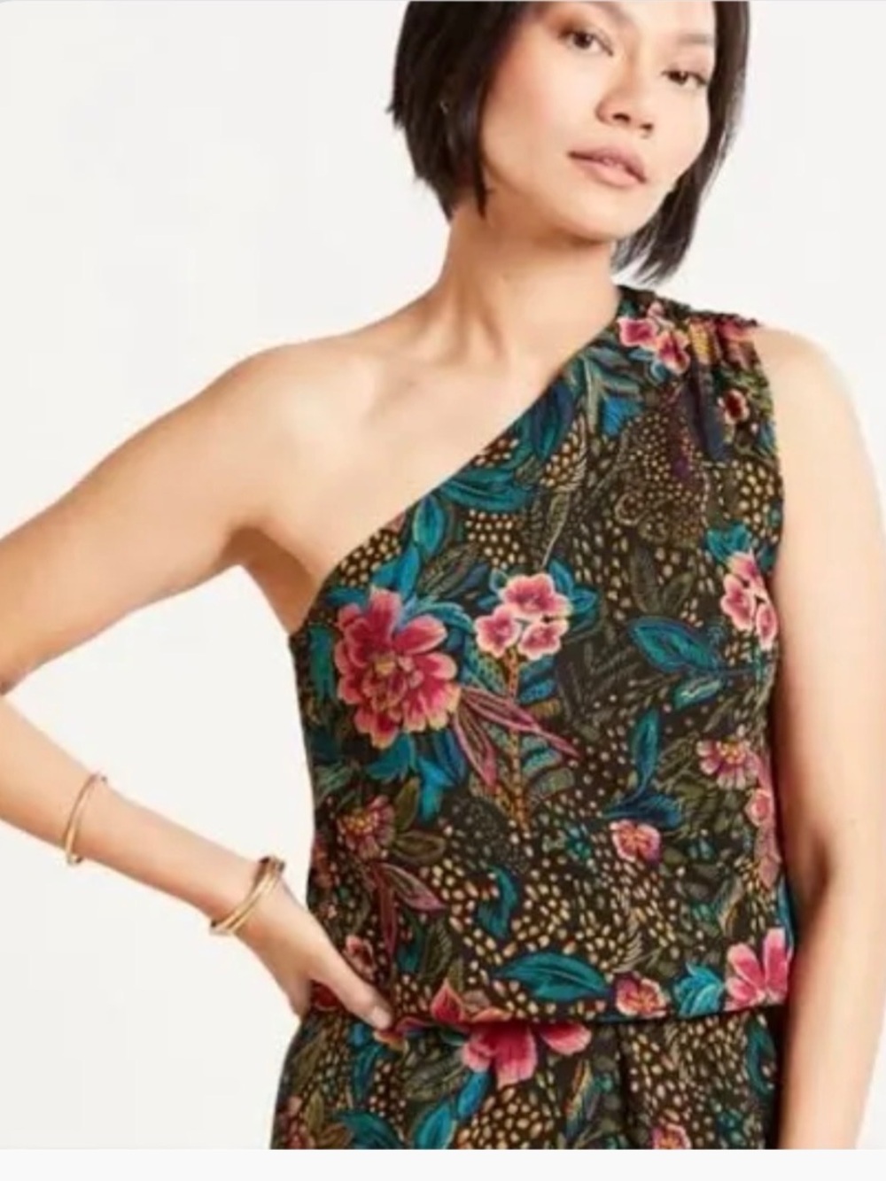 One-Shoulder Floral Print Top in Black and Teal with matching skirt